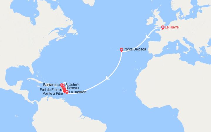 Carte itinéraire croisière Transatlantique : de France en Guadeloupe
