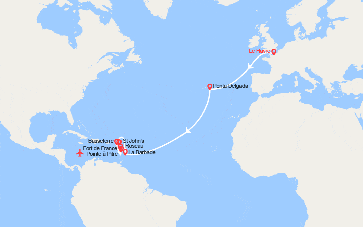 Carte itinéraire croisière Transatlantique : de France en Guadeloupe - Vol retour Paris inclus