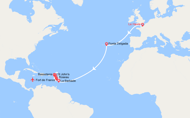 Carte itinéraire croisière Transatlantique : de France en Martinique - Vol retour Paris inclus