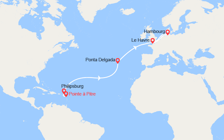 Carte itinéraire croisière Transatlantique : de Guadeloupe en France