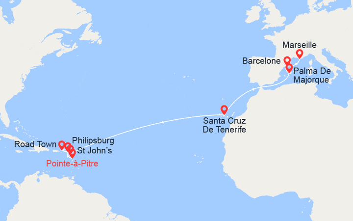 Carte itinéraire croisière Transatlantique : de Guadeloupe en France