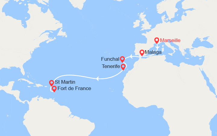 Carte itinéraire croisière Transatlantique : de Marseille à Fort-de-France