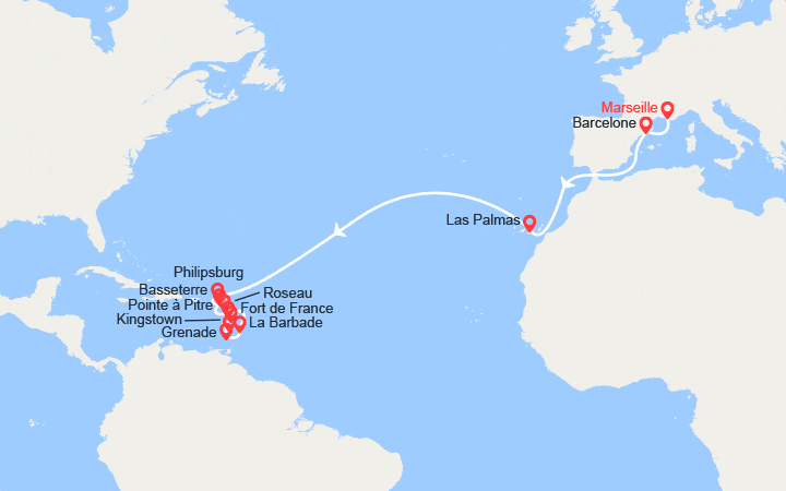 Carte itinéraire croisière Transatlantique : de Marseille à la Guadeloupe