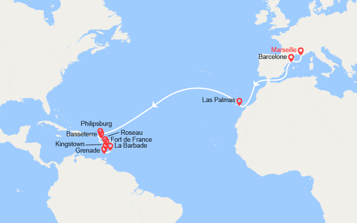 Carte itinéraire croisière Transatlantique : de Marseille à la Martinique