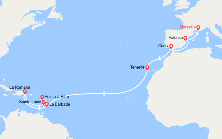 Carte itinéraire croisière Transatlantique : de Marseille à Point-à-Pitre