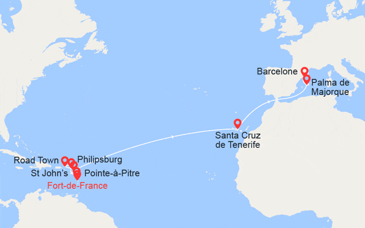 Carte itinéraire croisière Transatlantique : de Martinique en Espagne