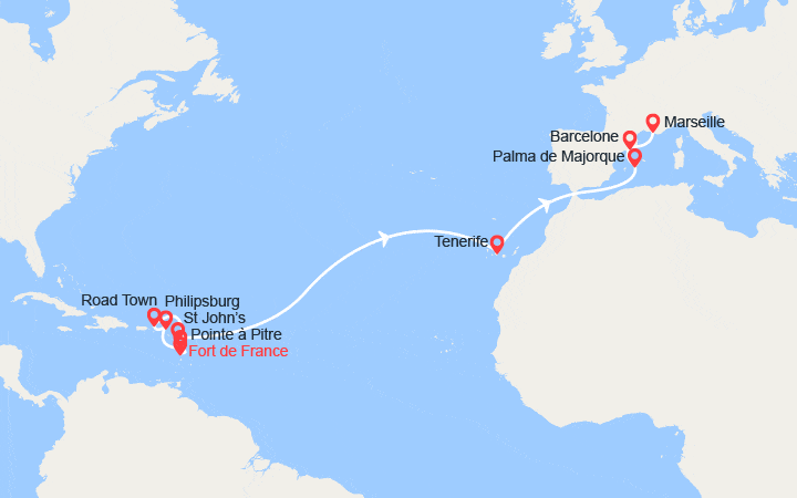 Carte itinéraire croisière Transatlantique : de Martinique en France