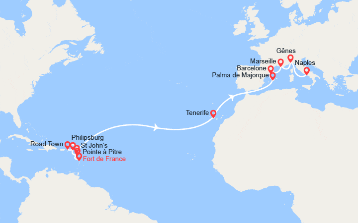 Carte itinéraire croisière Transatlantique : de Martinique en Italie