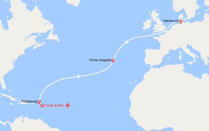 Carte itinéraire croisière Transatlantique : de Pointe-à-Pitre au Havre | Vol aller inclus