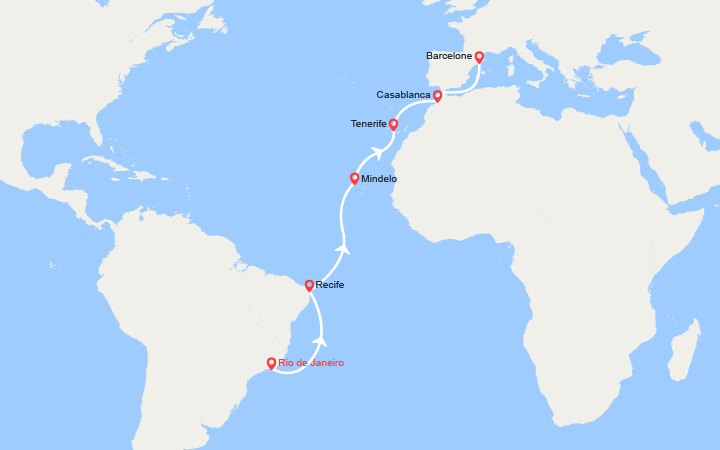Carte itinéraire croisière Transatlantique : de Rio de Janeiro à Barcelone