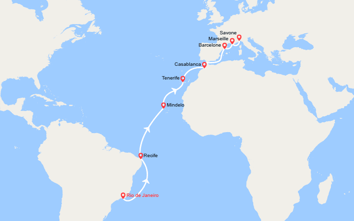 Carte itinéraire croisière Transatlantique : de Rio de Janeiro à Savone