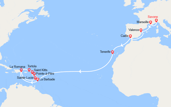 Carte itinéraire croisière Transatlantique : de Savone à La Romana