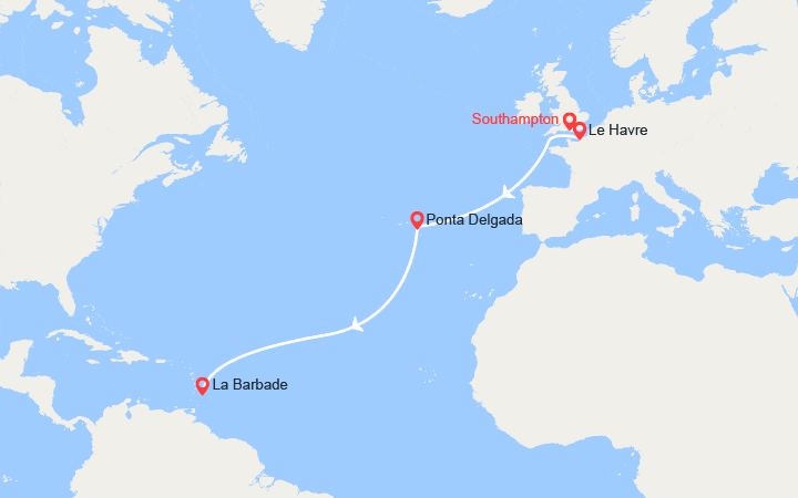 Carte itinéraire croisière Transatlantique : de Southampton vers Bridgetown