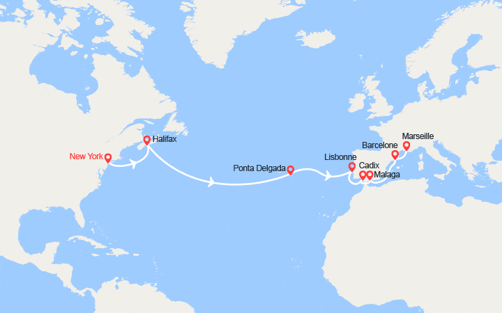 Carte itinéraire croisière Transatlantique : des États-Unis en Espagne