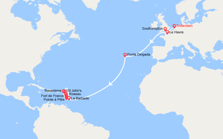 Carte itinéraire croisière Transatlantique : des Pays-Bas en Guadeloupe