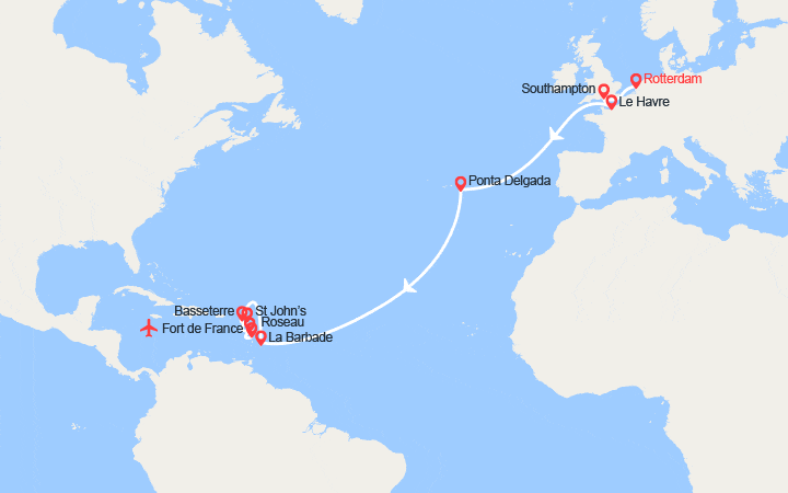 Carte itinéraire croisière Transatlantique : des Pays-Bas en Martinique - Vol retour inclus