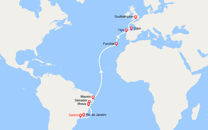 Carte itinéraire croisière Transatlantique : du Brésil au Royaume-Uni
