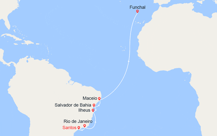 Carte itinéraire croisière Transatlantique : du Brésil aux Baléares