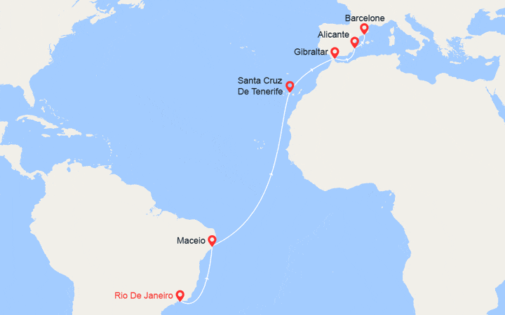 Carte itinéraire croisière Transatlantique : du Brésil en Espagne