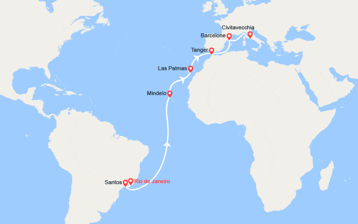 Carte itinéraire croisière Transatlantique : du Brésil en Italie