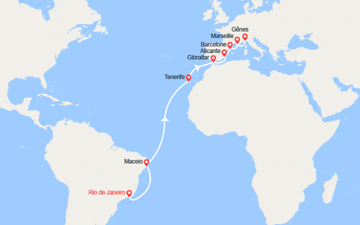 Carte itinéraire croisière Transatlantique : du Brésil en Italie