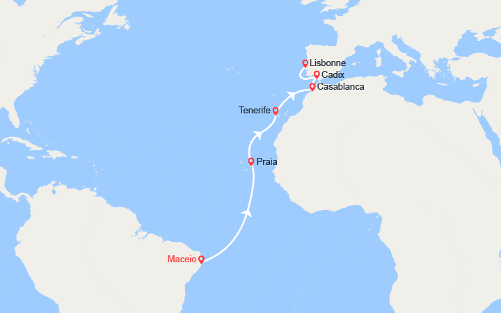 Carte itinéraire croisière Transatlantique : du Brésil jusqu'en Espagne