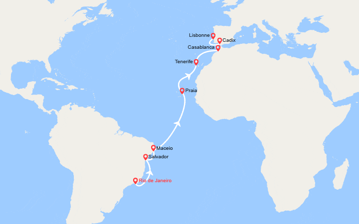Carte itinéraire croisière Transatlantique : du Brésil jusqu'en Espagne
