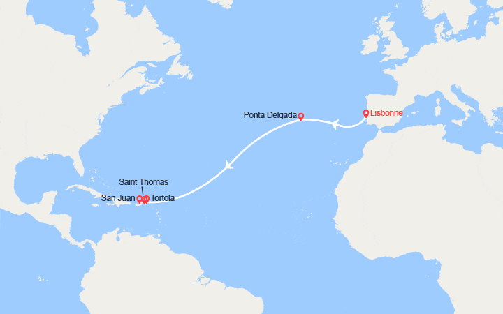 Carte itinéraire croisière Transatlantique du Portugal à Porto Rico