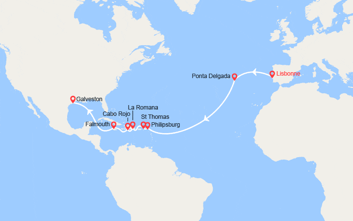 Carte itinéraire croisière Transatlantique : du Portugal au Texas