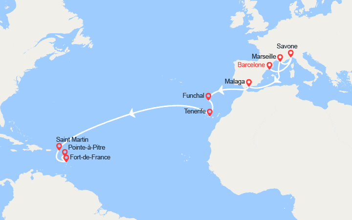 Carte itinéraire croisière Transatlantique : Espagne, Italie, France, Madère, Canaries, Antilles
