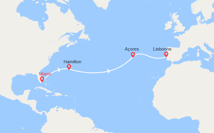 Carte itinéraire croisière Transatlantique : États-Unis, Bermudes, Portugal