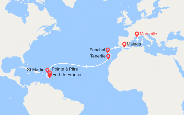 Carte itinéraire croisière Transatlantique : France, Espagne, Madère, Canaries, Antilles