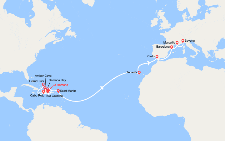 Carte itinéraire croisière Transatlantique : Rép. Dominicaine, îles Turks et Caïques, Antilles, Canaries, Espagne, France, Italie