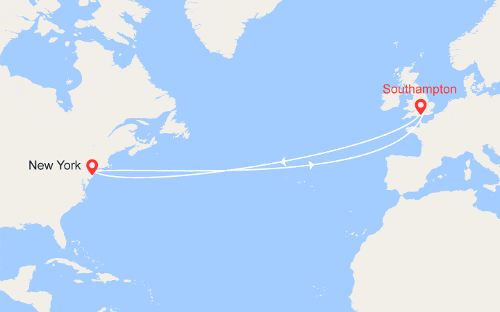 Carte itinéraire croisière Transatlantique Southampton / New York / Southampton
