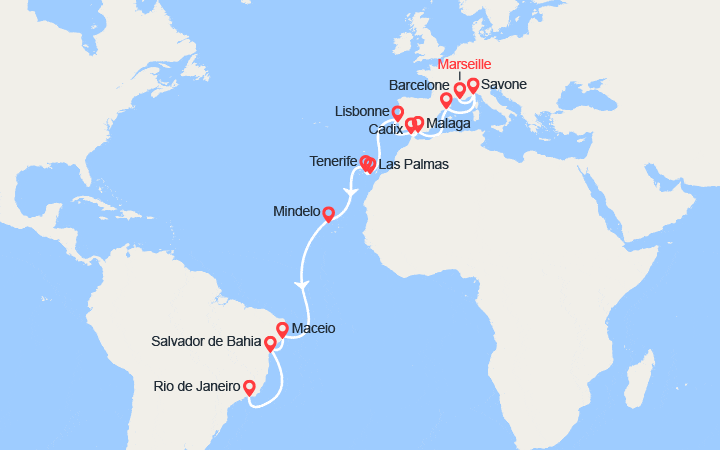 Carte itinéraire croisière Transatlantique vers le Brésil : de Marseille à Rio de Janeiro
