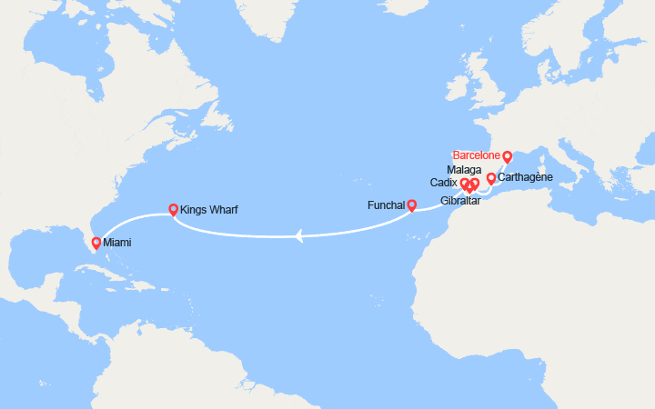 Carte itinéraire croisière Traversée : de Barcelone à Miami