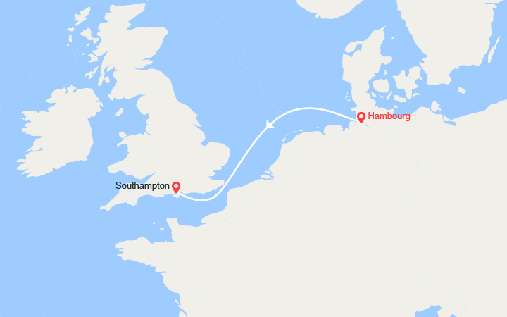Carte itinéraire croisière Traversée de Hambourg à Southampton