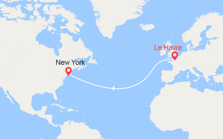 Carte itinéraire croisière Traversée transatlantique du Havre à New York