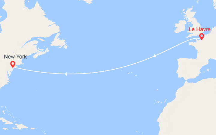 Carte itinéraire croisière Traversée transatlantique du HAVRE à NEW YORK