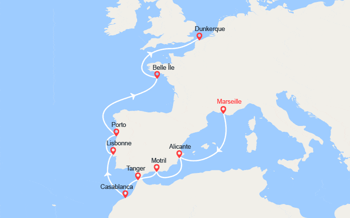 Carte itinéraire croisière Trésors de l'Atlantique