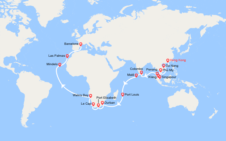 Carte itinéraire croisière Tronçon du Tour du Monde 2026 : de Hong Kong à Barcelone