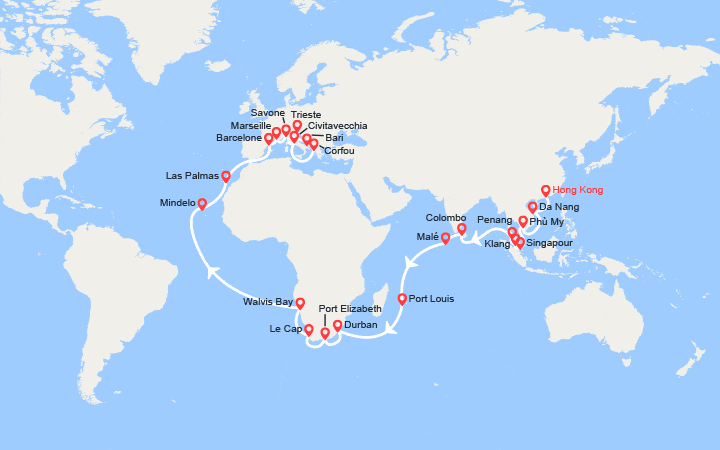 Carte itinéraire croisière Tronçon du Tour du Monde 2026 : de Hong Kong à Trieste