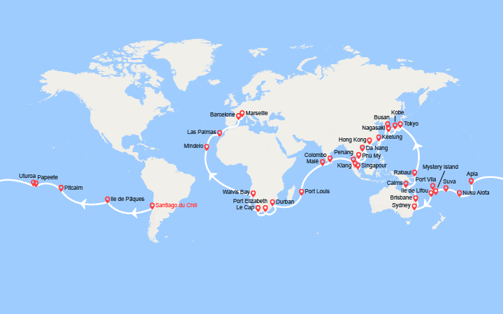 Carte itinéraire croisière Tronçon du Tour du Monde 2026 : de Santiago du Chili à Marseille