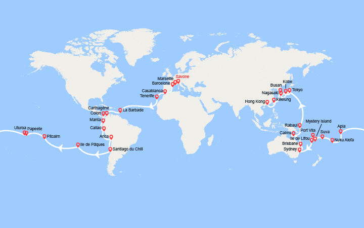 Carte itinéraire croisière Tronçon du Tour du Monde 2026 : de Savone à Hong Kong