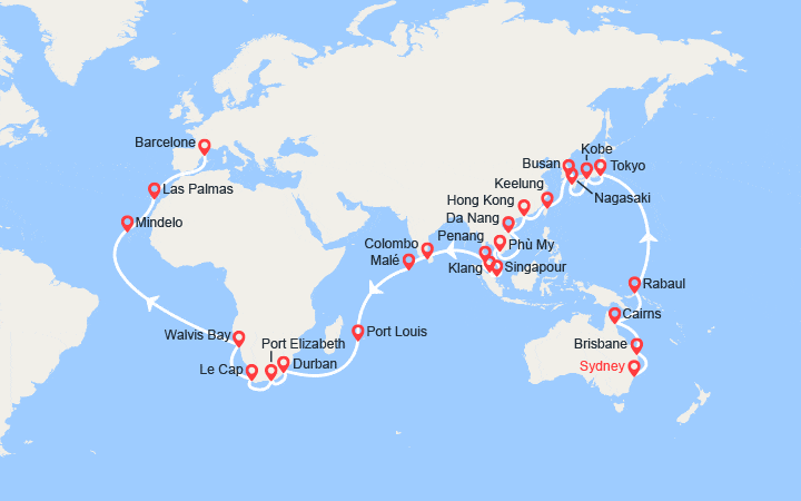 Carte itinéraire croisière Tronçon du Tour du Monde 2026 : de Sydney à Barcelone