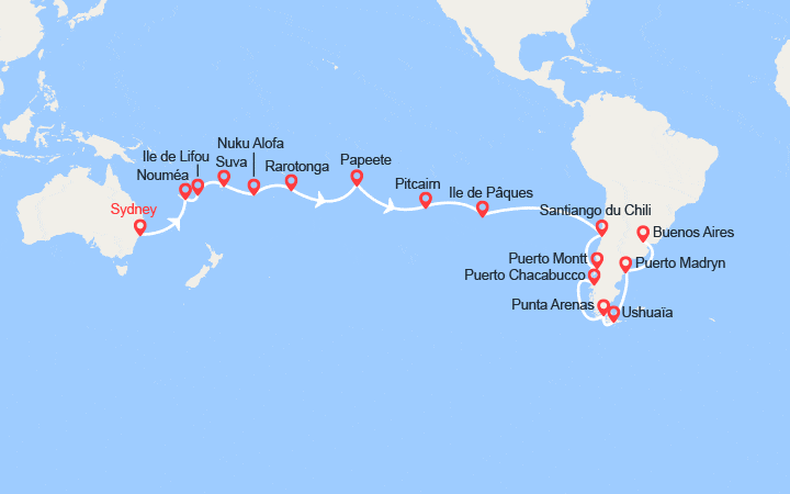 Carte itinéraire croisière Tronçon du Tour du Monde 2026 : de Sydney à Buenos Aires