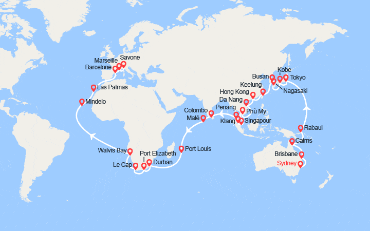 Carte itinéraire croisière Tronçon du Tour du Monde 2026 : de Sydney à Savone