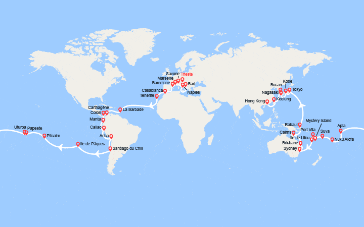 Carte itinéraire croisière Tronçon du Tour du Monde 2026 : de Trieste à Hong Kong
