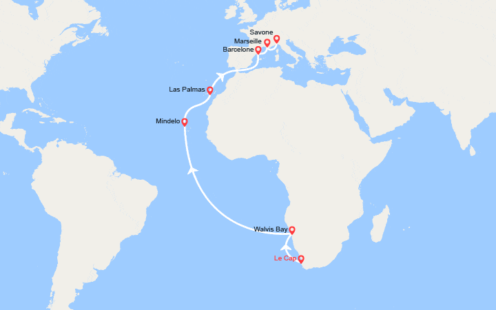 Carte itinéraire croisière Tronçon du Tour du Monde 2026 : du Cap à Savone