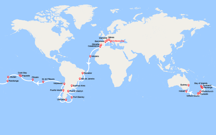 Carte itinéraire croisière Tronçon du Tour du Monde 2027 : de Civitavecchia à Sydney